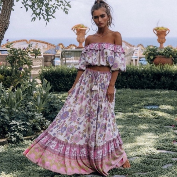 Waverly Floral Gypsy Bohemian Off Shoulder Blouse & Maxi Ruffle Skirt Set - Picture 11 of 13